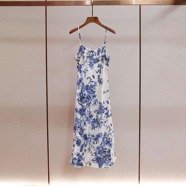 Designer high-end women's fashion autumn new style French vacation style backless butterfly print long suspender skirt