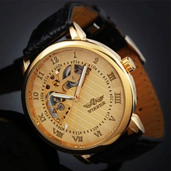 Relojes De Marca Hombre Lujo Winner Watch Men Gold Skeleton Hand Wind Mechanical Watches Leather Strap Casual Wristwatch