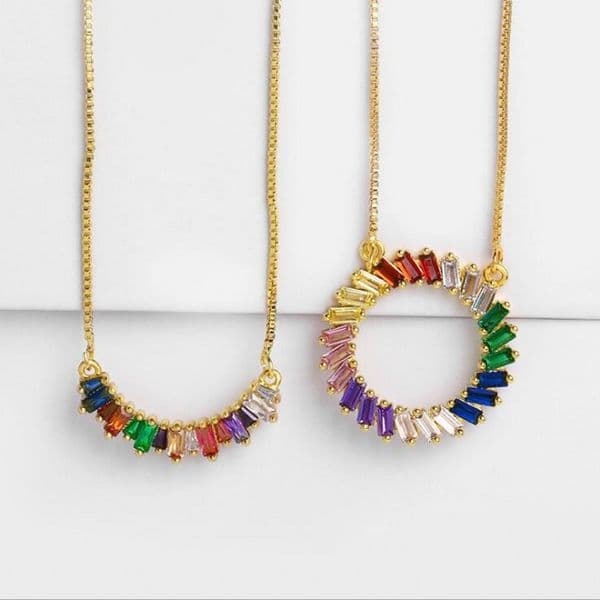 Gold Fill Multicolor Topaz Circle Pendant Necklace for Women, Vintage Wedding Jewelry Gift