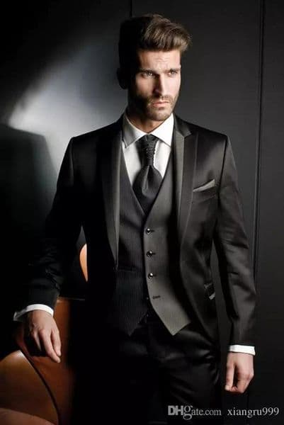 Setwell Wedding Suits Groom Tuxedos Slim Fit Black Suit Formal Wear Groomsman Pants (Jacket+Pants+Vest)