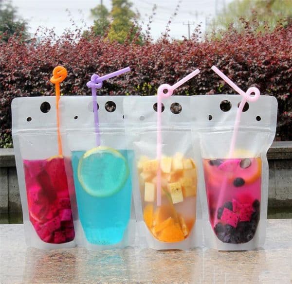 100pcs Clear Drink Pouches Bags frosted Zipper Stand-up Plastic Drinking Bag with straw with holder Reclosable Heat-Proof 17oz ST454