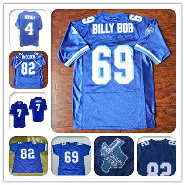 Cheap West Canaan Coyotes Varsity 69 BILLY BOB 82 Charlie Tweeder 4 Jonathan Moxon 7 Lance Harbor Blue Movie Football Jerseys Stitched