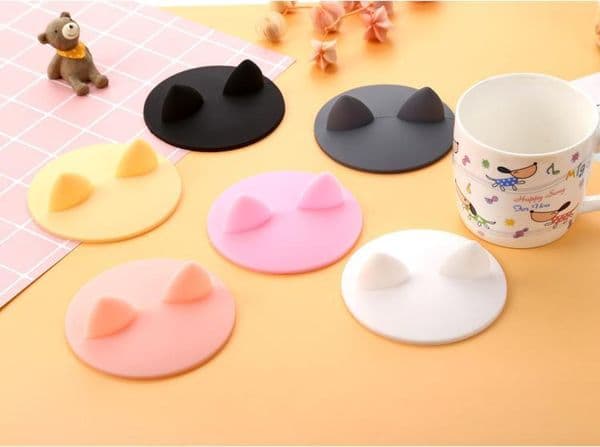 cute cartoons cat ear shaped cup cover food grade heat-resistant leakproof silicone lids coffee mug caps cover