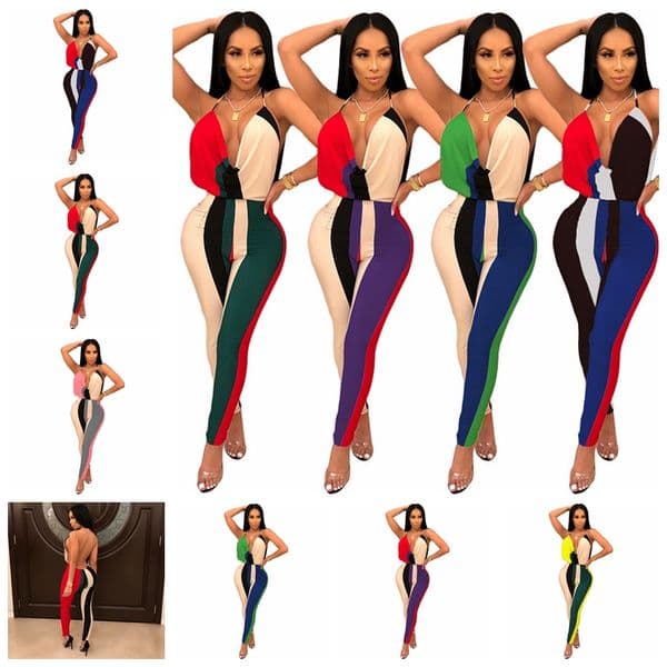 2019 European spring and summer fashion striped casual sexy tube top sleeveless halter jumpsuit, support mixed batch
