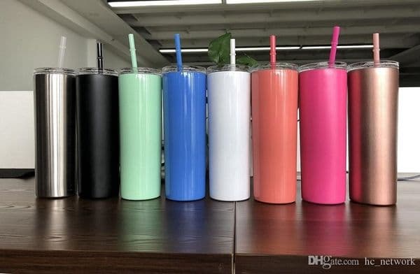 20oz Stainless Steel Skinny Tumbler Multi Colors Straight Water Cup Vacuum Insulated Beer Coffee Mugs with Lids and Straw free shipping