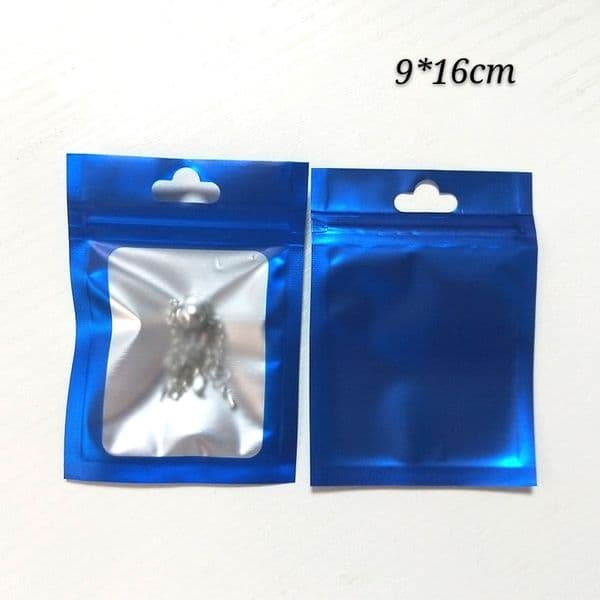 100pcs Blue Zipper Seal Plastic Packaging Bags,Mylar Foil Sealing Packing Bag,9*16cm Candy Package Pouch With Clear Window