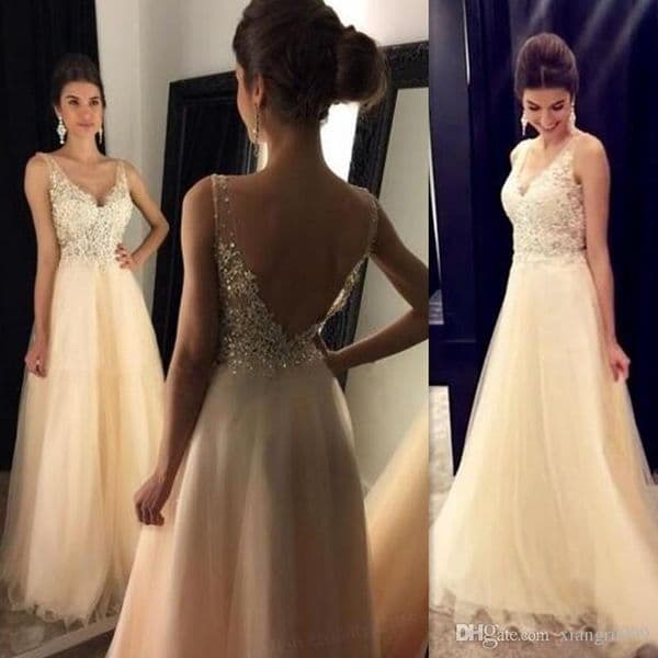 Setwell Long Prom Dress Illusion A-line Tulle V-neck Backless Evening Gowns Soft Tulle Crystal Applique Special Occasion Dress