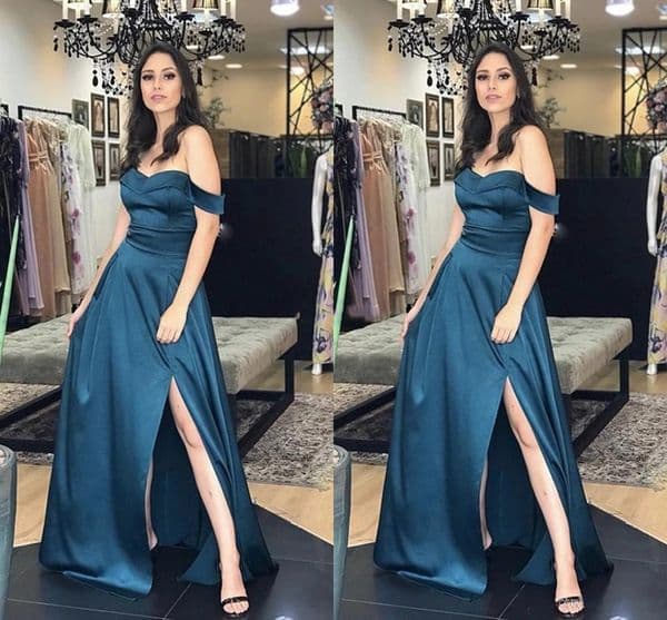 Sexy Side Split A Line Prom Dresses Off Shoulder Sweep Train Formal Party Gowns Simple Satin Evening Dress Vestidos De Fiesta