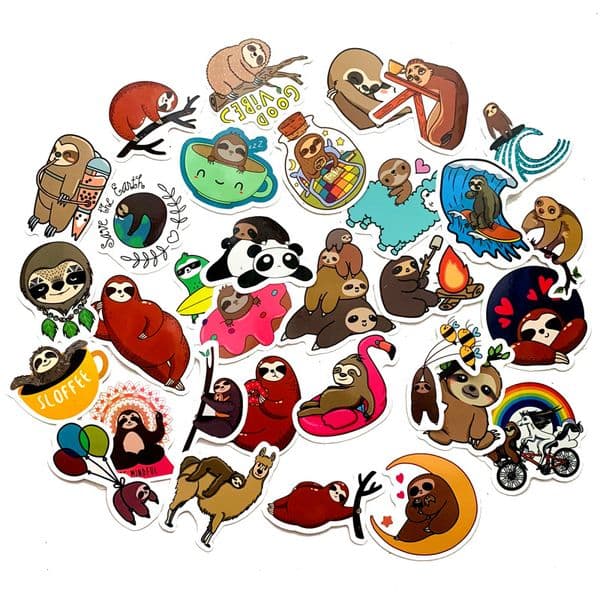 5 Sets=250PCS Cute Cartoon Sloth Stickers Trolley Case Water Cup Diary Computer Waterproof PVC Stickers