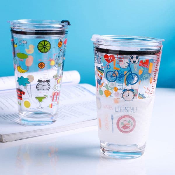 New 15oz Scale Glass Mug Oat Cartoon Print Drinking Cups Water Cup Milk Breakfast Cup Large Capacity Heat Resistant Scale Glass Mug