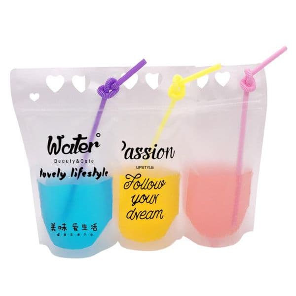 450 ml 7 Style Plastic Drink Packaging Bag Pouch for Beverage Juice Milk Coffee, with Handle and Holes for Straw
