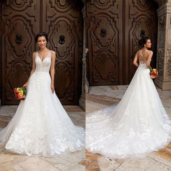 Kitty Chen 2021 Wedding Dresses Lace Appliqued Sequins Bridal Gowns V Neck Hollow Back Modern A Line Wedding Dress Vestidos De Novia