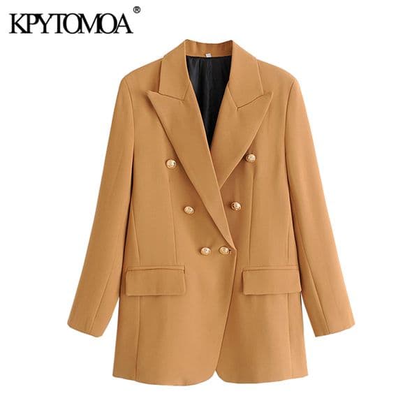 KPYTOMOA Women Fashion Office Wear Double Breasted Blazers Coat Vintage Long Sleeves Pockets Female Outerwear Chic Tops 201114Z