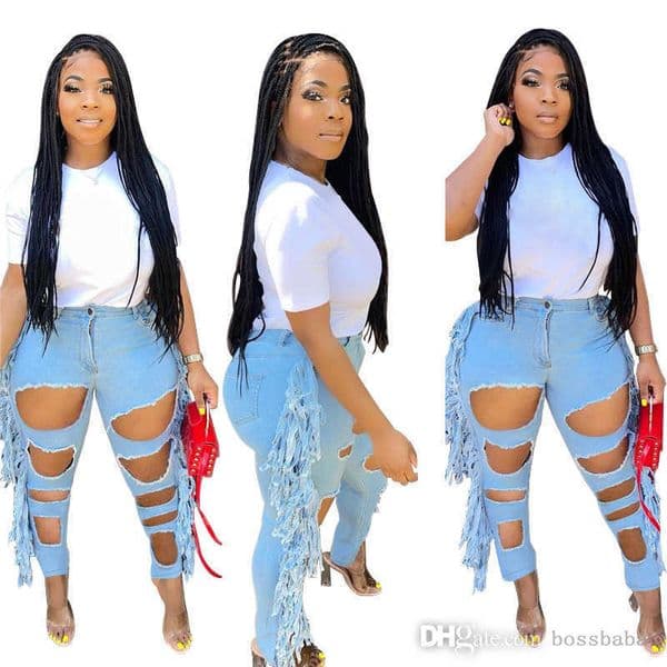 2026 New Women Big Hole Jeans Fashion Pierced Tassels Slim Fit Street Trend Large Denim Trousers Plus Size For Woman Clothing Free Shipping