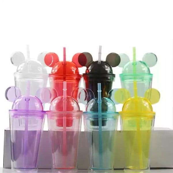 8colors 15oz Acrylic tumbler with dome lid plus straw double Wall Clear Plastic Tumbler with Mouse Ear Reusable cute drink cup lovely FY4301