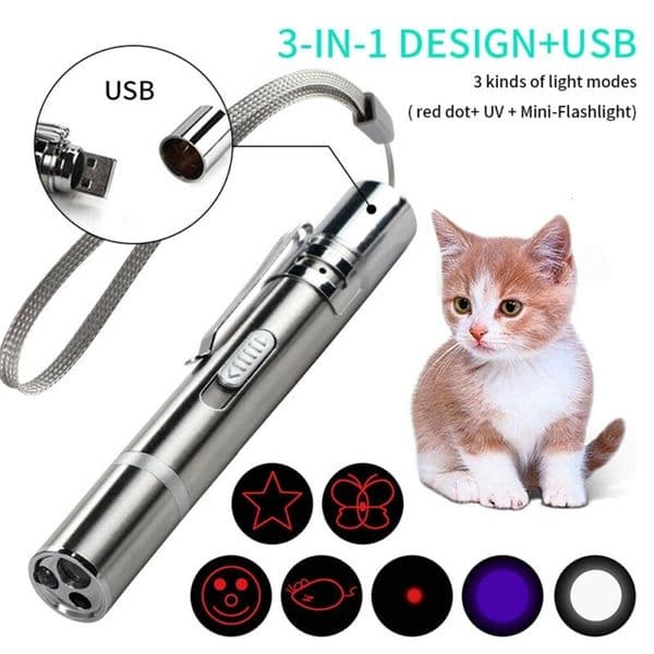 3 in 1 USB Rechargeable Funny Cat Chaser Toys Mini Flashlight Laser LED Pen Light Cat Light Pointers Funny Pet Toys Dropshipping LJ201225