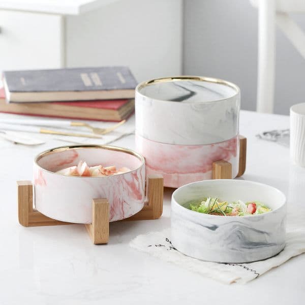 Nordic Marble Ceramic Bowl with Bamboo Rack Holder Stackable Large Salad Fruit Dessert Bowl Cat Pets Bowl Dinnerware 850ml 201214