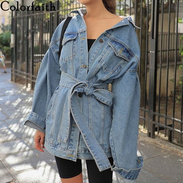 Colorfaith New Autumn Winter Women's Denim Jackets Sashes Lace Up Outerwear High Street Fashionable Blue Long Jeans JK8922
