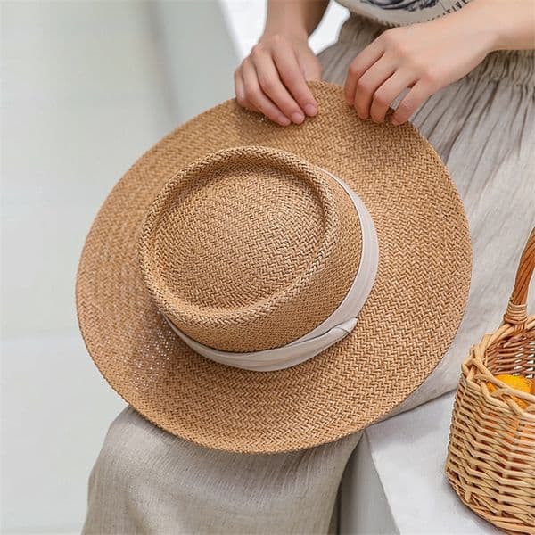 Ladies Handmade Natural Straw Hat Summer Beh Hat for Women Men Panama Cap Fashion Concave Flat Protetion Visor Sun Boat Hats 220311 Z260427