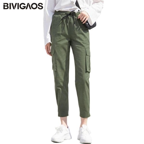 BIVIGAOS New Women Harajuku Stylish Cargo Pants Korean Overalls Trend Fashion Casual Slim Harem Pants MAGIC TAPE Ninth Pants 201031
