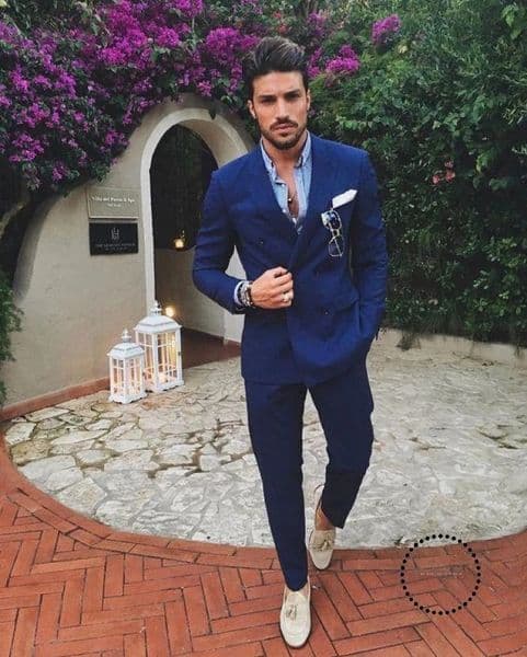 Hot Sale Double Breasted Mens Suits Peaked Lapel Blue Groom Wedding Business Prom Party Blazer Jacket (Jacket+Pants)