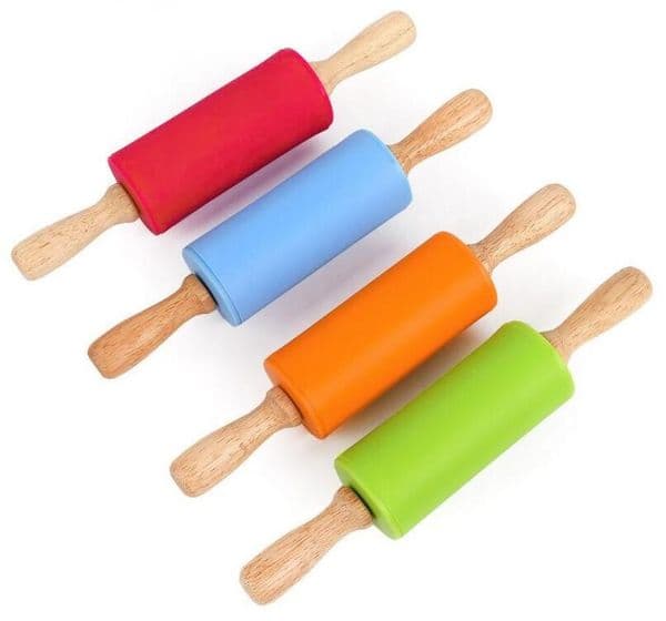 New Small Wooden Handle Dough Silicone Rolling Pin Stick 22.5*4.3CM Children Toy Pastry Baking Tools