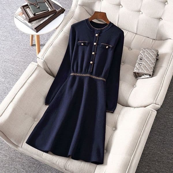 Plus Size Dress Women Autumn Winter Fashion Knitted Metal Button O Neck Midi Dress Elegant Hit Color Sweater Dresses M-5XL 201125Z