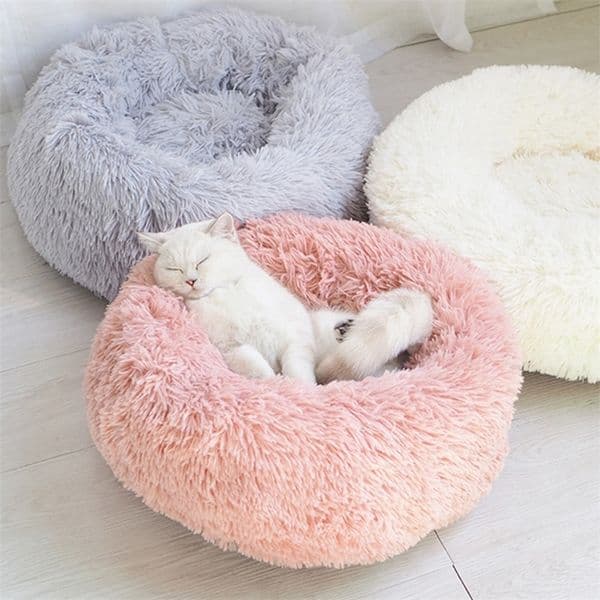 Long Plush Cat Bed House Soft Pet Dog Bed Round Cats Nest Winter Warm Sleeping Cushion Puppy Mat Portable Cat Product 40 50 60cm LJ201225