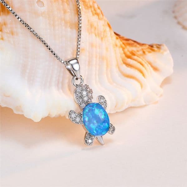 Colorful Gemstone Cute Turtle Pendant Necklace White Gold Plated Jewelry for Women Gift