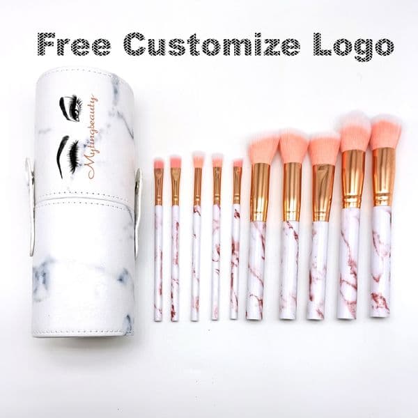 10 pcs set Marble Makeup Brushes with PU Bucket Blush Powder Eyebrow Eyeliner Highlight Concealer Contour Foundation Makeup Brush Set