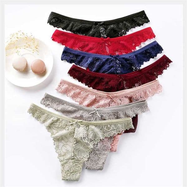 7 Pcs/Lot Women's Sexy Lace Thong Panties Hollow-Out Transparent Cotton Crotch G-String Set Underwear Gerie