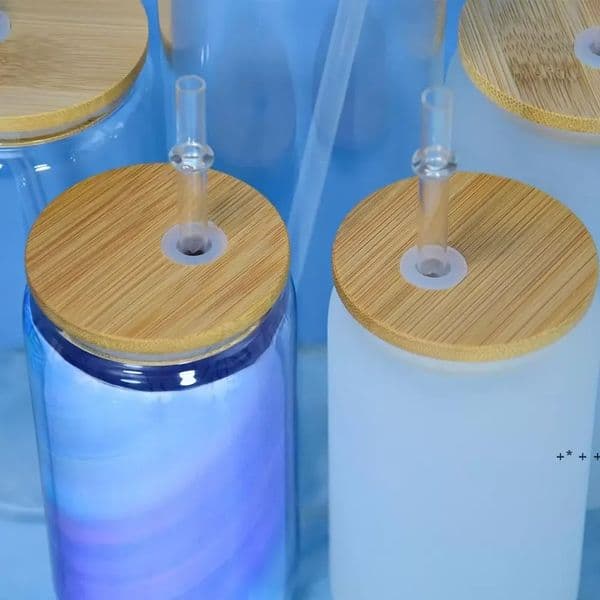 Sublimation 12oz Glass Can with Bamboo Lid Reusable Straw Beer Can Transparent Frosted Glass Tumbler Soda Can Cup BYSEA