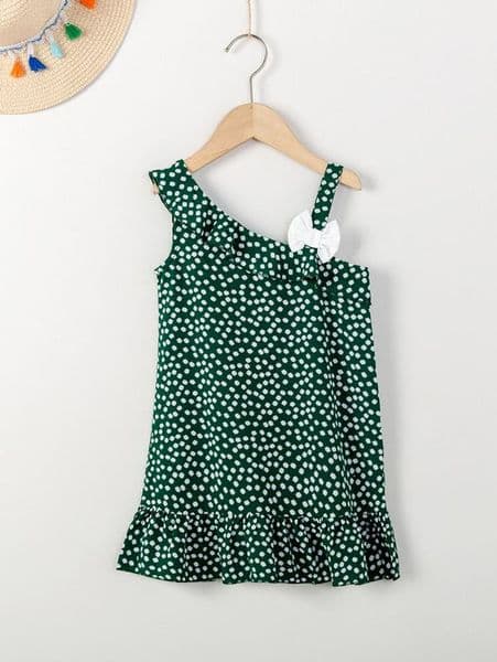 Toddler Girls Asymmetrical Neck Bow Front Ditsy Floral Dress SHE