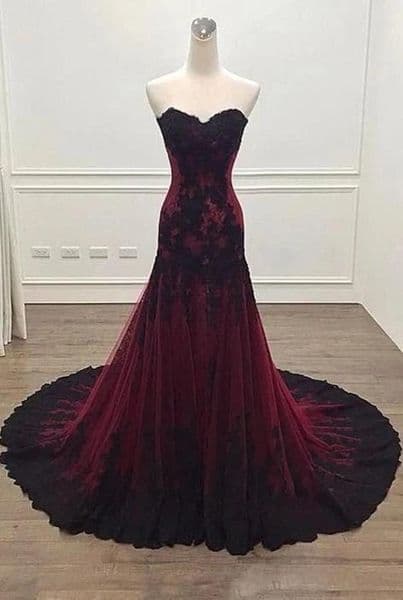 Vintage Black and Bury Red Gothic Wedding Dress Mermaid Sweetheart Lace Tulle Victorian Bridal Gowns Plus Size Corset Bride Dresses