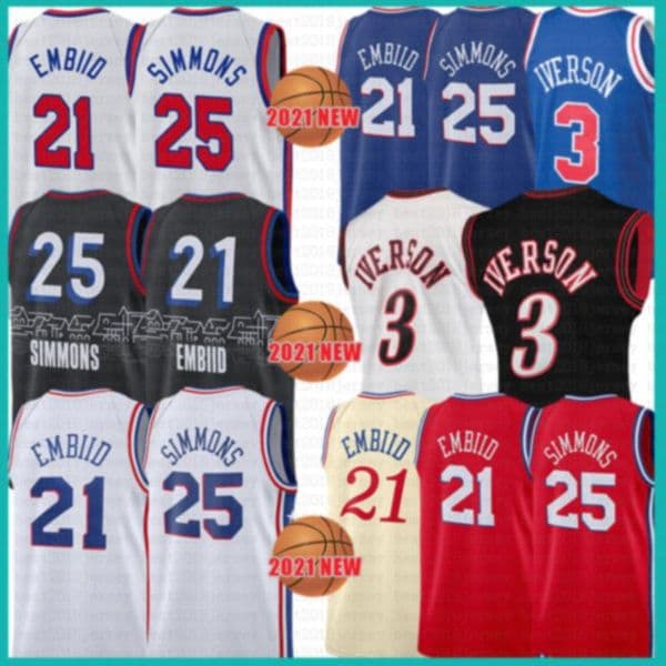 2021 New Joel 21 Embiid basketball jersey Ben 25 Simmons Mens Allen 3 Iverson Mesh Julius 6 Erving Retro Cheap Lavender
