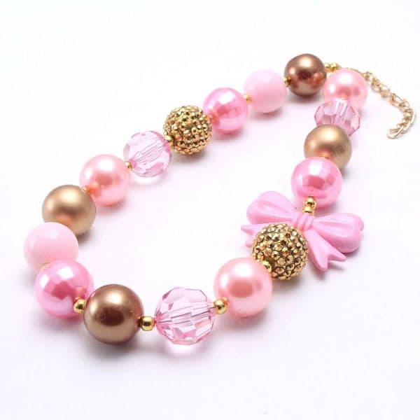 Adorable Pink Bow Girls Beads Necklace Baby Child Bubblegum Chunky Necklace Handmade Jewelry For Party Gifts New
