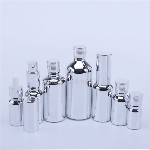 12pcs Empty UV Electroplate Silver Perfume Cream Spray Lotion Pump Refillable Essential Oil Dropper Glass Bottles 201013