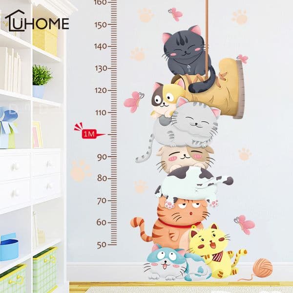 Cartoon Cat Animals Measure Wall Stickers for Kids Rooms Kindergarten Height Chart Ruler Decals Nursery Home Decor LJ201128