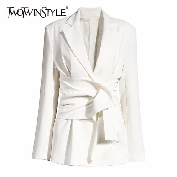 TWOTYLE Elegant Women's Blazer Notched Long Sleeve Ruched Lace Up Slim Blazers For Female Summer Fashion Clothing 201114Z