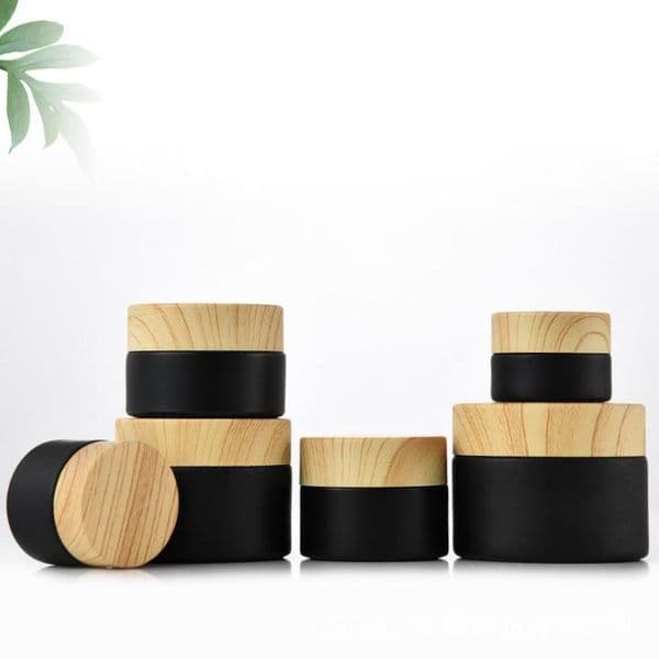 wholesale Black frosted glass cosmetic jars with woodgrain plastic lids PP liner 5g 10g 15g 20g 30 50g lip balm cream containers SN3394