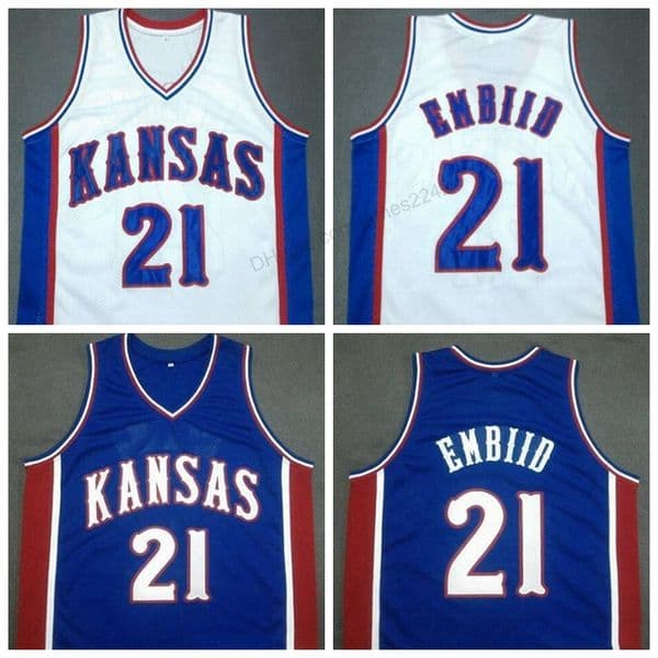 Cheap Custom Retro JOEL EMBIID #21 Kansas Jayhawks Basketball Jersey Men's All Stitched White Blue Any Size 2XS-5XL Name Or Number