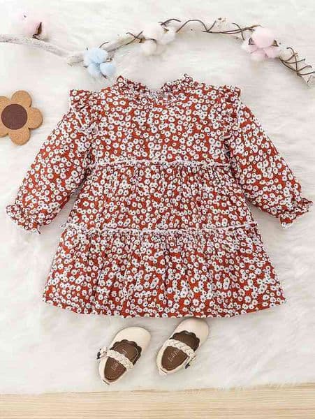 Baby Ditsy Floral Flounce Sleeve Frilled Neck Ruffle Hem Dress SHE