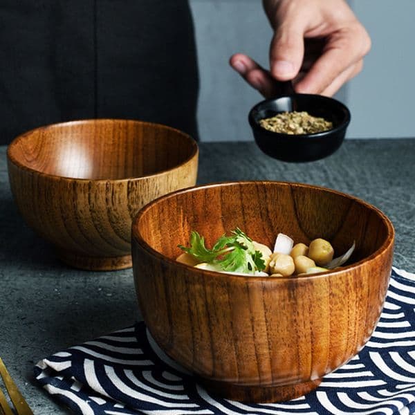 1Pc Japanese Style Wood Rice Soup Salad Food Container Large Small Bowl For Kids Tableware Wooden Utensils 201214