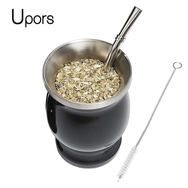 UPORS Yerba Mate Cup 304 Stainless Steel Double Wall 8oz Argentine Gourd With Bombillas and Cleaning Brush 220311