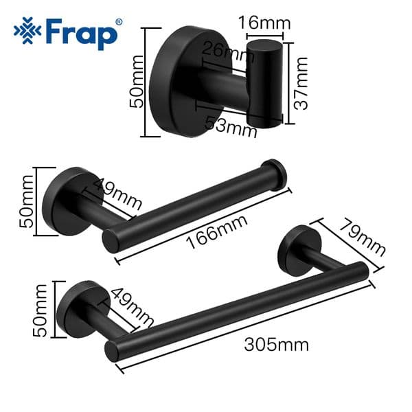 Frap Matte Black Bathroom Hardware Set Black Robe Hook Single Towel Bar Robe Hook Paper Holder Bathroom Accessories Y38124-2 LJ201204