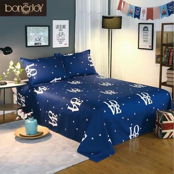 Bonenjoy Blue Color Bedding Sheet 3 pcs King Size Bed Sheet Set for Queen Bed Sheets Letter Printed Flat Sheet with Pillowcase 201113