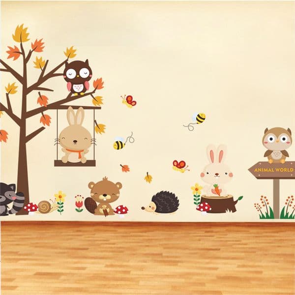 Forest Owl Butterfly Swing Rabbit Squirrel Wall Stickers Animal Tree For Kids Rooms Children Baby Nursery Rooms Home Decor LJ201128
