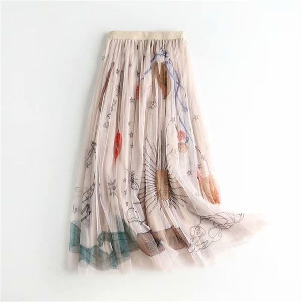 2020 Women Mesh Tulle Skirts Elastic High Waist Graffiti Print Long Female A-line Pleated Saias Femme Maxi LJ200820