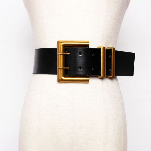 Fashion Women Wide Belt Gold Big Mental Double Pin Buckle Female Blk PU Leather Belts Dress Coat Waist Corset Strap Z260429
