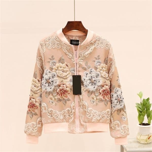 vintage Jacquard Satin embroidery jacket for woman beading floral embroidery long sleeve pink Baseball coat runway outfit 201210